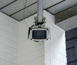 Uberwachungskamera an Backsteinmauer